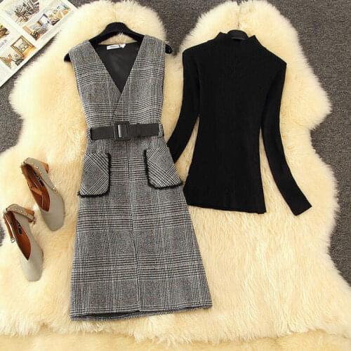 2021 Autumn Winter 2 Piece Set Elegant Women Dress Sets Long Sleeve Knitted Sweater Top + Plaid Vest Dress Plus Size Suit X110