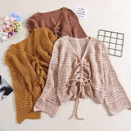 HISUMA Autumn Women V-Neck Bandage Lace Up Hollow Knitted Sweater Shirt Lady Short Elastic Slim Pullover Drawstring Blouse Tops