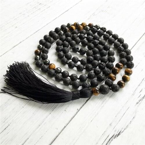 Hematite & Lava Stone & Tiger Eye Necklace Hand Knotted Prayer Necklaces Black Beads Mens Necklaces Yoga Mala Tassel Necklace