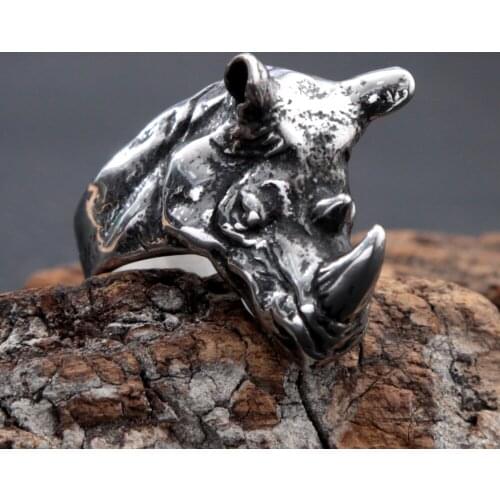 Punk Hip Hop Rhino Head Ring Detailed 316L Stainless Steel African Animal Ring For Men Women Rock Biker Jewelry Dropshipping