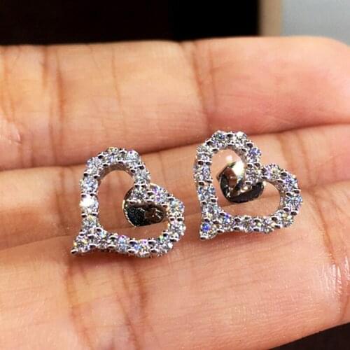 Huitan Bling Bling Heart Stud Earrings for Girls Full Round Cubic Zirconia Simple Stylish Women Earrings Wedding Trendy Jewelry
