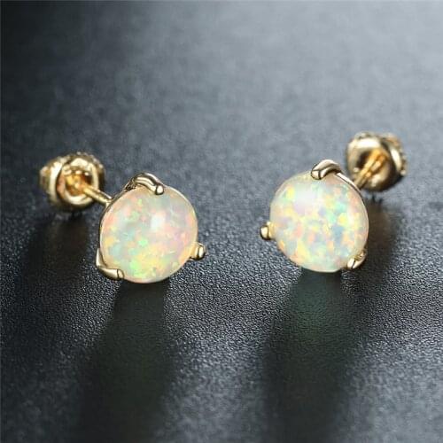 Female White Fire Opal Stud Earrings Classic Round Small Stone Screw Back Earrings Fashion Gold Color Wedding Earrings For Women