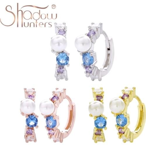 SHADOWHUNTERS Trendy 925 Sterling Silver Hoop Earrings Under The Sea Huggie Hoops Blue CZ Pearl Piercing Romantic Women Jewelry