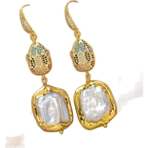 GG Jewelry 24MM Cultured White Square Keshi Pearl CZ Pave Hook Earrings