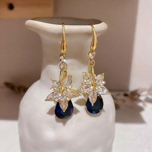 Korean Fashion Crystal Flower Drop Earrings for Women Simple Elegant Vintage Hook Earrings 2021 New Trendy Jewelry