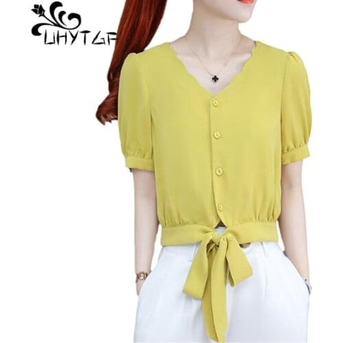 UHYTGF Women Summer Chiffon Blouses Short Sleeve V-Neck Casual Shirt Elegant Female Clothes Single Breasted Plus Size Tops 1350