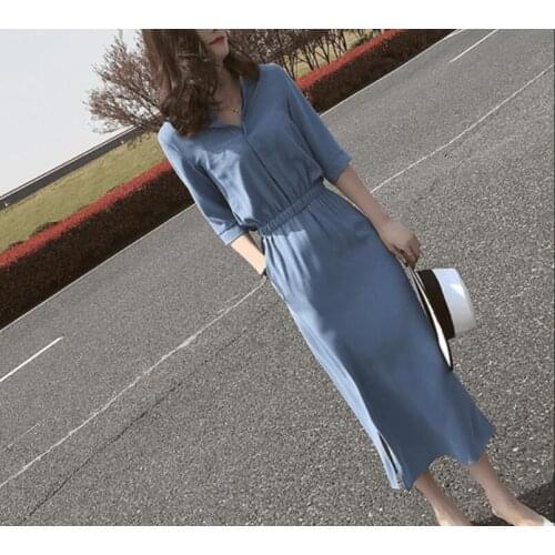 2019 womens long dress spring summer new Korean waist thin temperament Buckle lapel Five-point sleeve dress female office dress