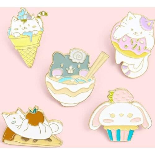 Delicious Donut Badge Sweet Strawberry Cake Pizza Ice Cream Noodle Enamel Brooch Fashion Cartoon Cute Cat Lapel Backpack Jewelry