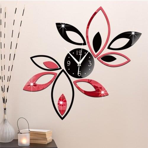 3D DIY Self-adhesive Clock Black Red Lotus Mirror Wall Sticker Watch Nordic Style Reloj Adhesivo de pared Living Room Home Decor