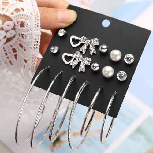 9 Pairs/set New Lady Pearls Bow Love Big Circle Earrings Gold Color Hoop Earrings for Women Exaggerated Crystal Heart Earring