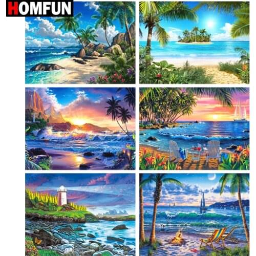 HOMFUN Diamond Painting Cross Stitch "Tower sea view" Full Square Round Diy 5d Diamond Embroidery Picture Rhinestone Art