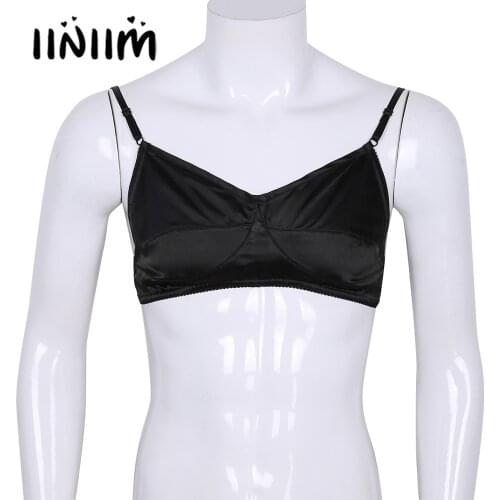 Mens Sissy Lingerie Tank Bra for Sissy Male Smooth Shiny Satin Wire-free No Padded Bralette Adjustable Spaghetti Straps Bra Tops