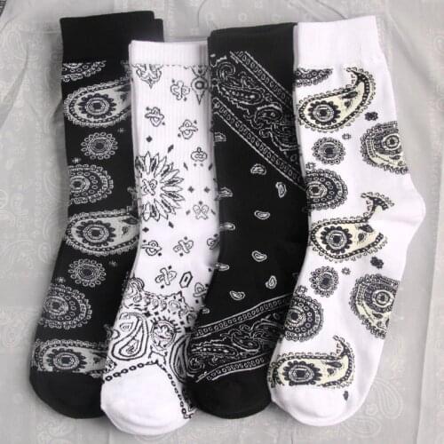 Black White Cotton Funny Flower Socks Bandanna Paisley West Coast Black Hiphop Pop Top Street Skate Fashion Skateboard Youth