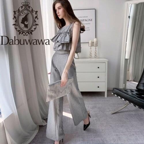 Dabuwawa Ruffle Front Striped Top Shirts And Wide Leg Pants Women Elegant Sleeveless Two Pieces Set Office Lady DT1BSA005