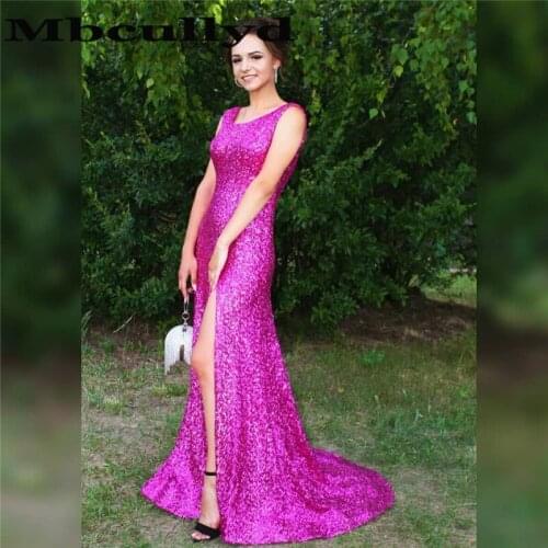 Mbcullyd Fuchsia Mermaid Prom Dresses Long 2020 Shining Sequined Evening Party Gowns With High Split African Robe De Soiree