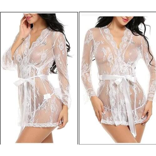 Erotic Sex Clothes Sexy Women Lingerie Lace Ruffles Robe See-through Babydoll Underwear Sleepwear Night Dress
