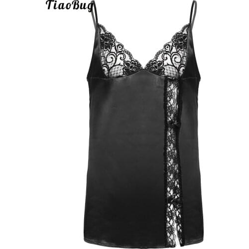 TiaoBug Mens Sissy Gay Dress Smooth Silky Satin Lingerie Adjustable Spaghetti Shoulder Straps Deep V Neck Lace Trim Sleepwear