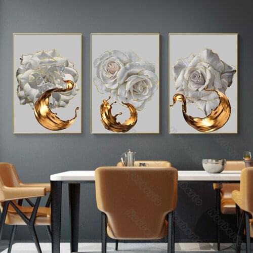 Modern Style Canvas Painting Poster and Print Abstract Art Pictures Big Golden Ring with White Flowers for Home Rooms Wall Decor