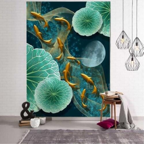 Koi Fish In Lotus Pond Classical Tapestry Art Wall Hanging Living Room Bedroom Dormitory Home Decoration