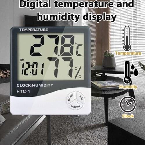 Indoor Hygrometer LCD Digital Weather Station Temperature Electronic HTC-1 Meters Digital Temperature Humidity Clock Humidi B1V9