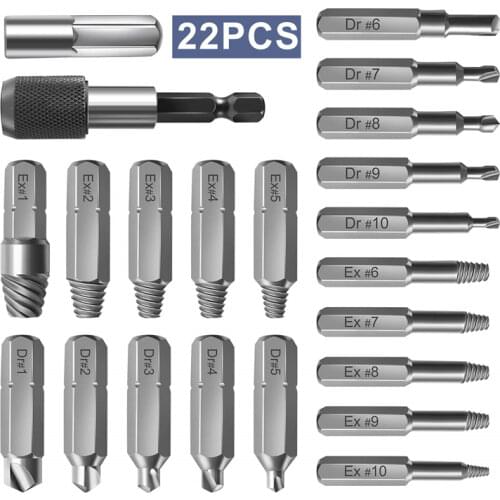22pcs Damaged Screw Extractor Set with Locking Socket Adapter for Broken Screw HSS4241 Broken Bolt Extractor Screw Remover Kits