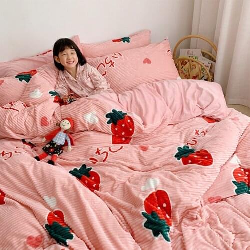 AB Side Velvet Bedding Sets Soft Warm Fleece Flat Sheet Duvet Cover Kawaii King Size 3/4/pcs For Kids Adults 2019 Pink Yellow