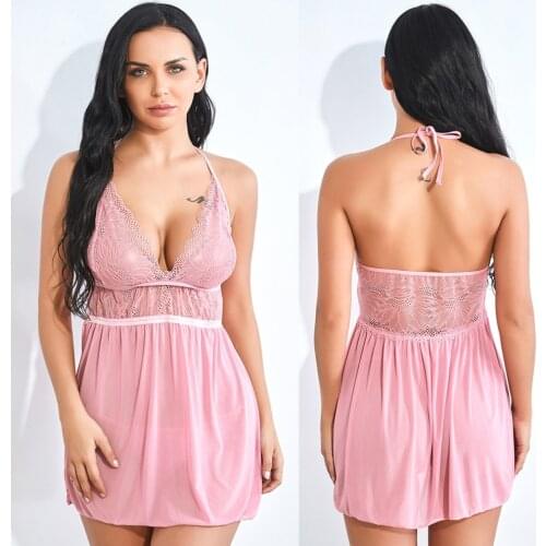 Lace Mesh Night Dress Women Sexy Backless V Neck Nightgown Stitching Sleepwear Lingerie with Thong Set Nightwear Nighty Summer