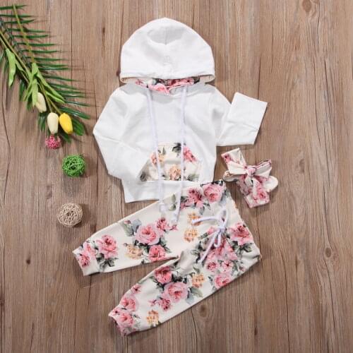 New 3Pcs Set Baby Girls Floral Outfit Clothes Set Newborn Tracksuit Toddler Hooded Tops+Leggings Pants Infant Headband