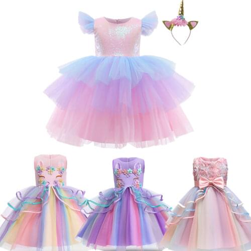 Rainbow Unicorn Princess Dress 4-10 Years Children Girls Fromal Party Clothing Flower Girl Wedding Ceremony Kids Girls Dresses
