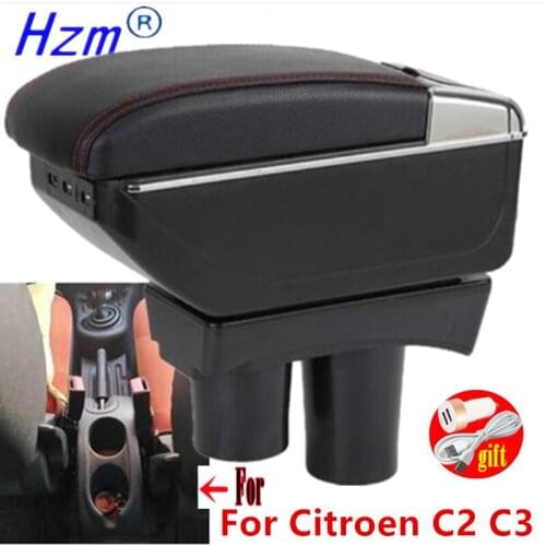 For Citroen C2 armrest box For Citroen C2 C3 USB Charging heighten Double layer central Store content holder ashtray accessories