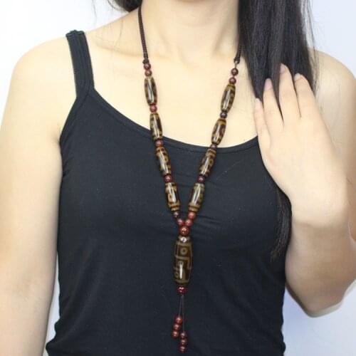 Tibet Natural Chalcedony Pendant Folk Style Jewelry Three Eye Beads Necklace Sweater Chain Free Shipping