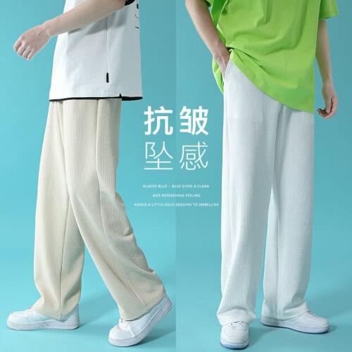 Spring Summer Wide-leg Pants Mens Fashion Khaki Black White Casual Pants Men Streetwear Loose Straight Pleated Pants Mens S-2XL