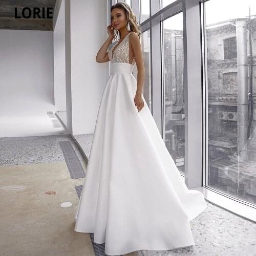 LORIE 2021 Wedding Dresses Lace With Satin Skirt Beach Bridal Gowns A-Line Sleeveless Sexy V-Neck Open Back Princess Party Dress