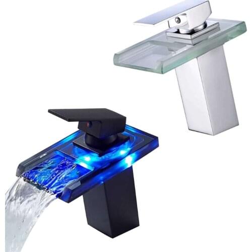 LED Waterfall Faucet FantasyLED Glass Spout Basin Faucet 3 Colors Changing Single Handle 1 Hole LED Bathroom Sink Faucet