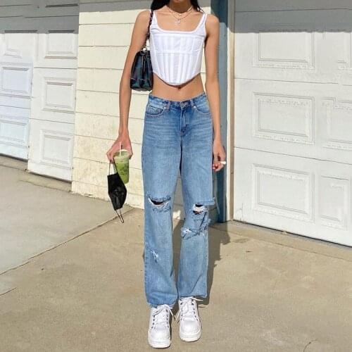 Streetwear Chic Knees Hole Ripped Jeans Women Ladies All-Match High Waist Loose Leg Straight Pants for Dating Shopping