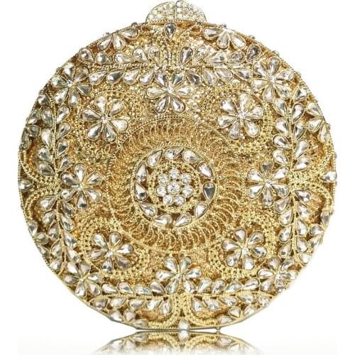 Bee In Fly Sparkling Bling Circular Hollow Flower Clutch Womens Small Crystal Evening Handbags Wedding Party Cocktail Bag
