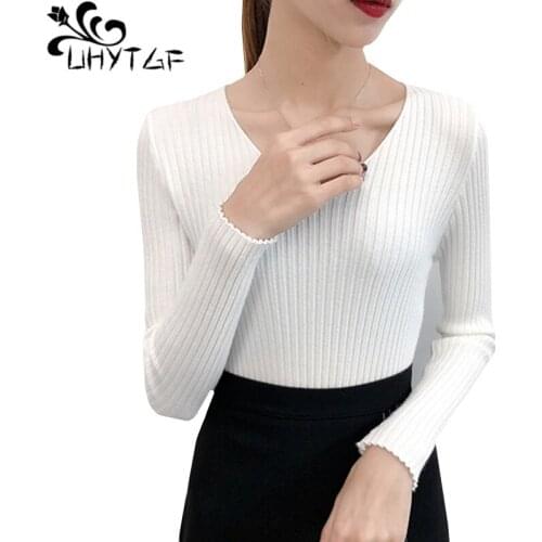 UHYTGF Sweaters women Knitted pullover autumn sweater female Solid color V-neck slim Elasticity short tops Special wholesale 241