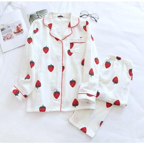 Cotton Gauze Fruits Floral Print Girls Pajama Set Long Sleeve Pockets Shirts Top Loose Pants Sleepwear Women Sets 2021 Kawaii