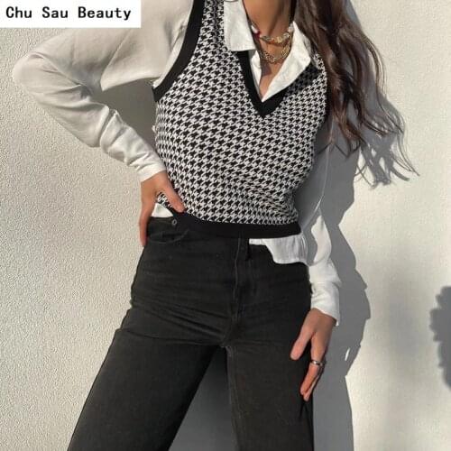 2021 Womens New Fashion V-Neck Houndtooth Knitted Vest Spring/Autumn Loose Casual Multicolor High Street Sweater Ves Jacketst