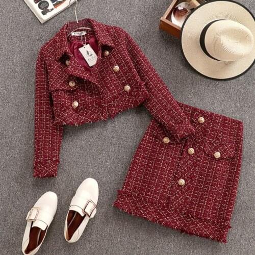Fall Winter Small Fragrance Vintage Tweed Two Piece Set Women Single-Breasted Woolen Short Jacket Coat + Mini Skirt 2 Piece Set