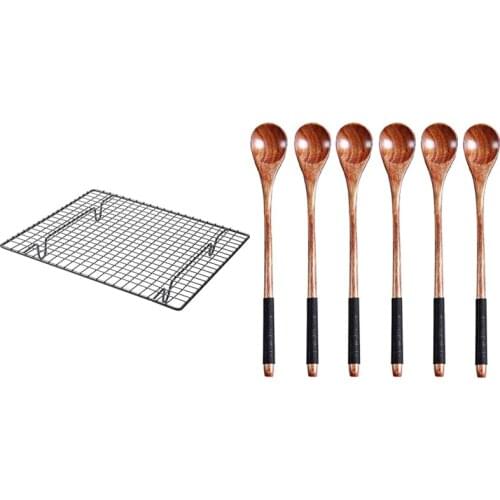 1 Pcs Non-Stick Cake Cooling Rack Baking Rack & 6 Pcs Long Handled Wooden Spoons Wood Tea Coffee Spoon
