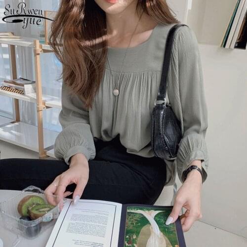 Apricot Puff Sleeve Pullover Top 2021 Autumn New Long Sleeve Loose Shirt Women Square Collar Cotton Blouse Women 11696