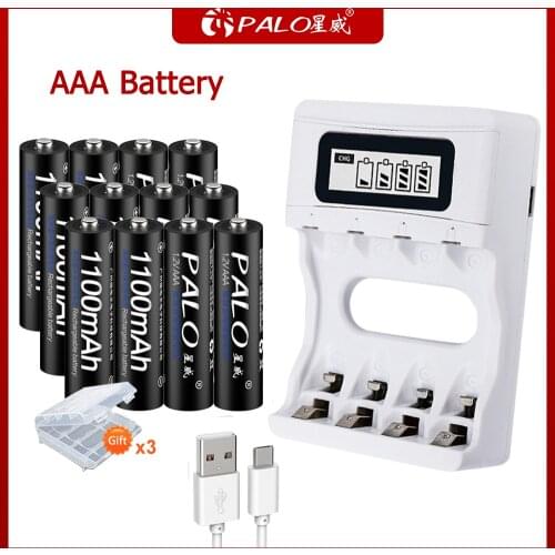 PALO 4 Slots USB Intelligent LCD Display Battery Charger For AAA NiMh Rechargeable Battery+ AAA Batteries For flashlight toys