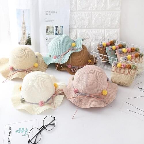 2021 New Summer Children Straw Beauty Floral Hat Baby Sun Hat Girl Summer Cap Beach Visor Hat Straw Bag Sets Gorras