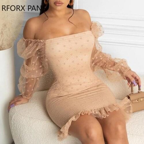 Women Long Sleeve Off Shoulder Dot Mesh Shirred Bodycon Dress Party Dress for Women Dress 2021