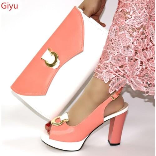 Doershow New Arrival African Wedding Shoes and Bag Set pink Italian Shoes with Matching Bags Nigerian Women party! SWQ1-4