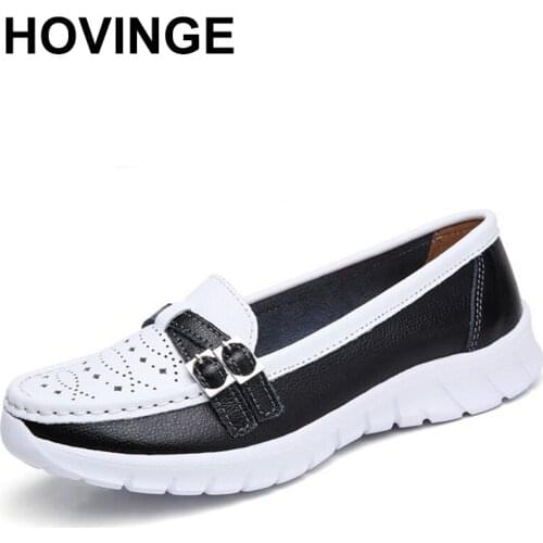 HOVINGE ladies women woman mother genuine leather shoes flats moccasins loafers hollow lace EVA large size 41 42
