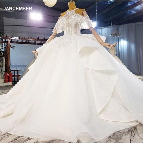 HTL2150 Sexy Luxury White Applique Print Pattern Metal Sequins Bridal Gown 2021 Transparent Lace Church Trailing Wedding Dress