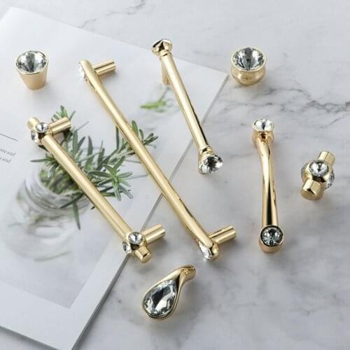 Gold Zinc Alloy Artificial Crystal Furniture Handles Diamond Knobs For Cabinet Wardrobe Drawer Bedroom Kitchen Furniture Hardwar