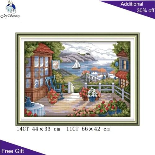 Joy Sunday Beach House Home Decoration FA122 14CT 11CT Counted Stamped Beach Flowers Embroidery DIY Cross Stitch kits